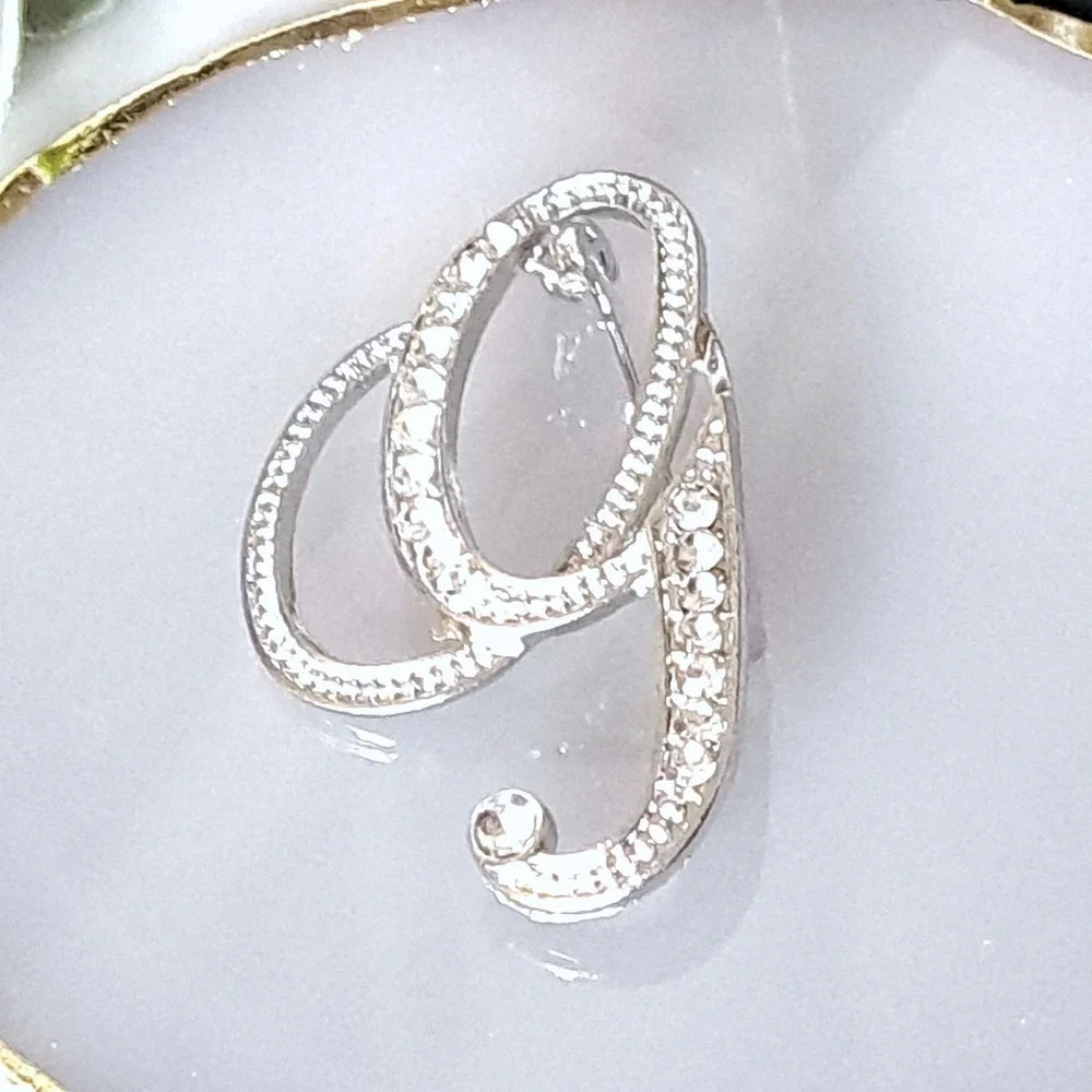 Silver Crystal Script Letter G Brooch Pin 2